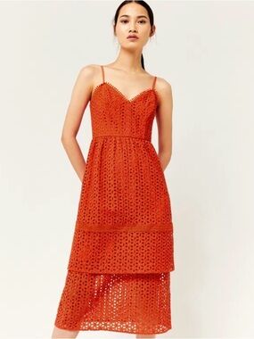 Warehouse Coral Red Eyelet Dress